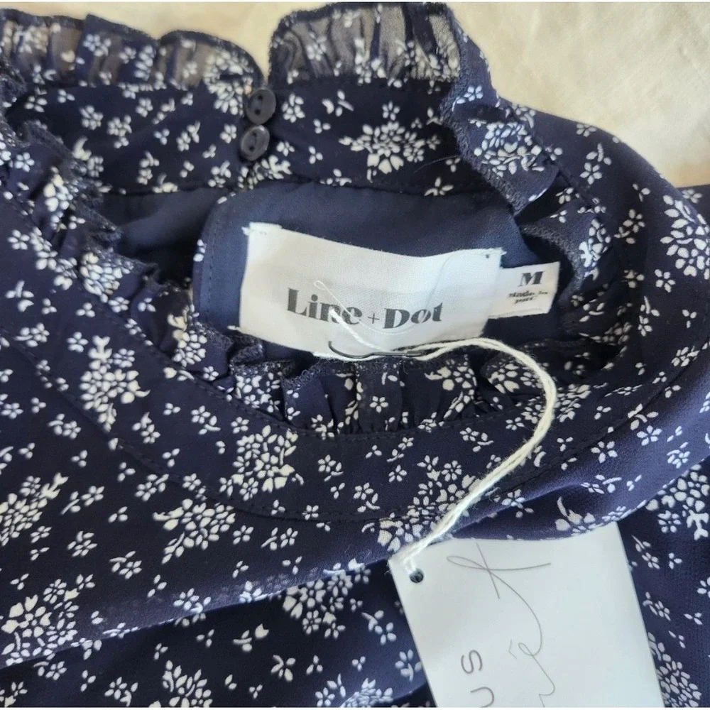 NWT Line + Dot Navy Blue Floral Flowy Chiffon Mini Dress with Mock Neck Size M